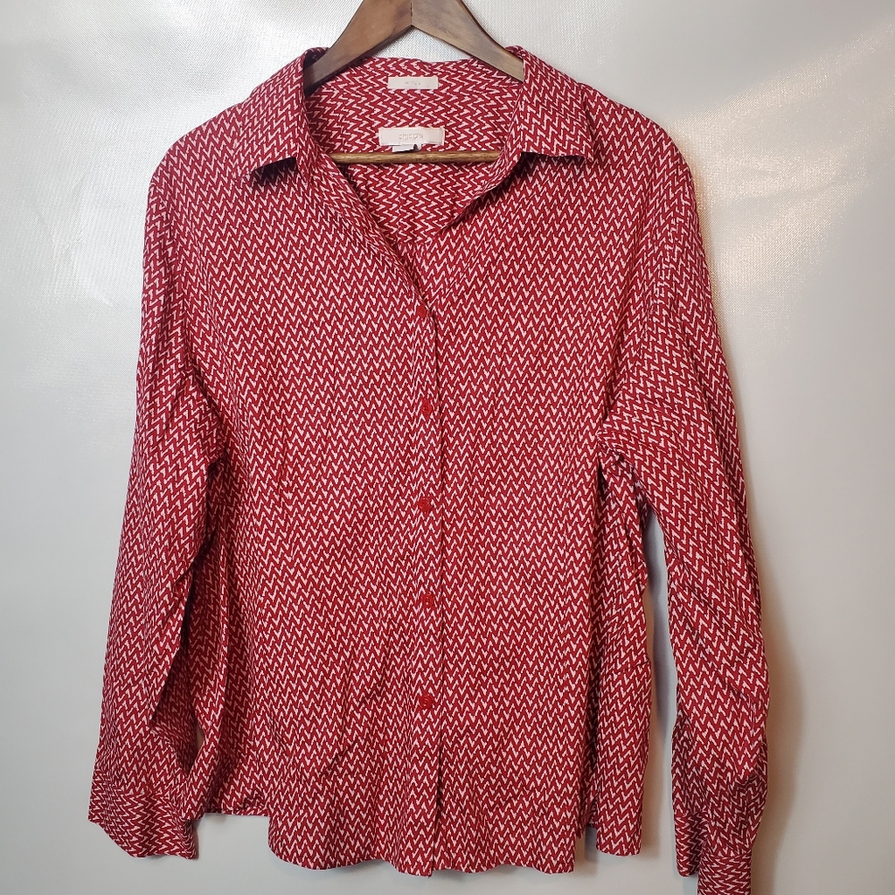 Chicos Button Down Red Blouse with White Chevrons